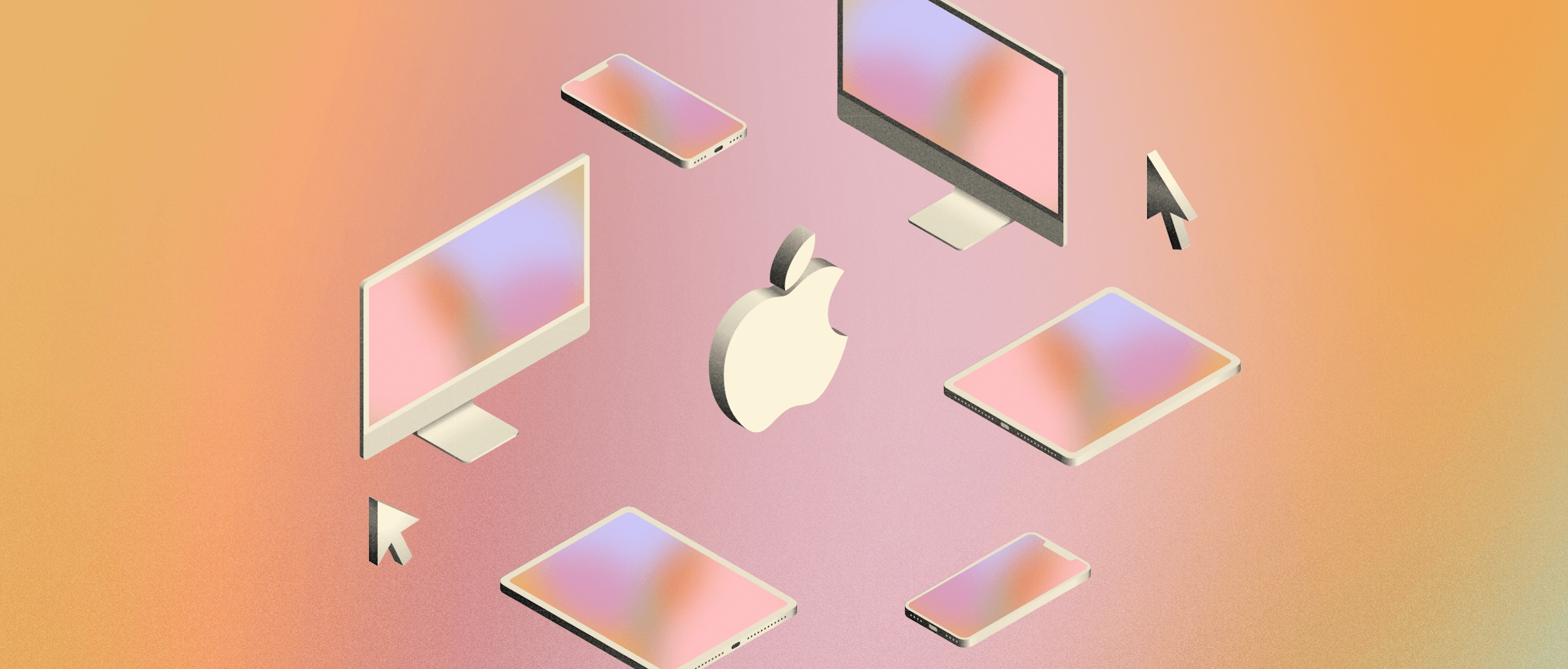 An illustration showing grey, stylized Macs, iPads and iPhones around an Apple logo on an orange and pink gradient background